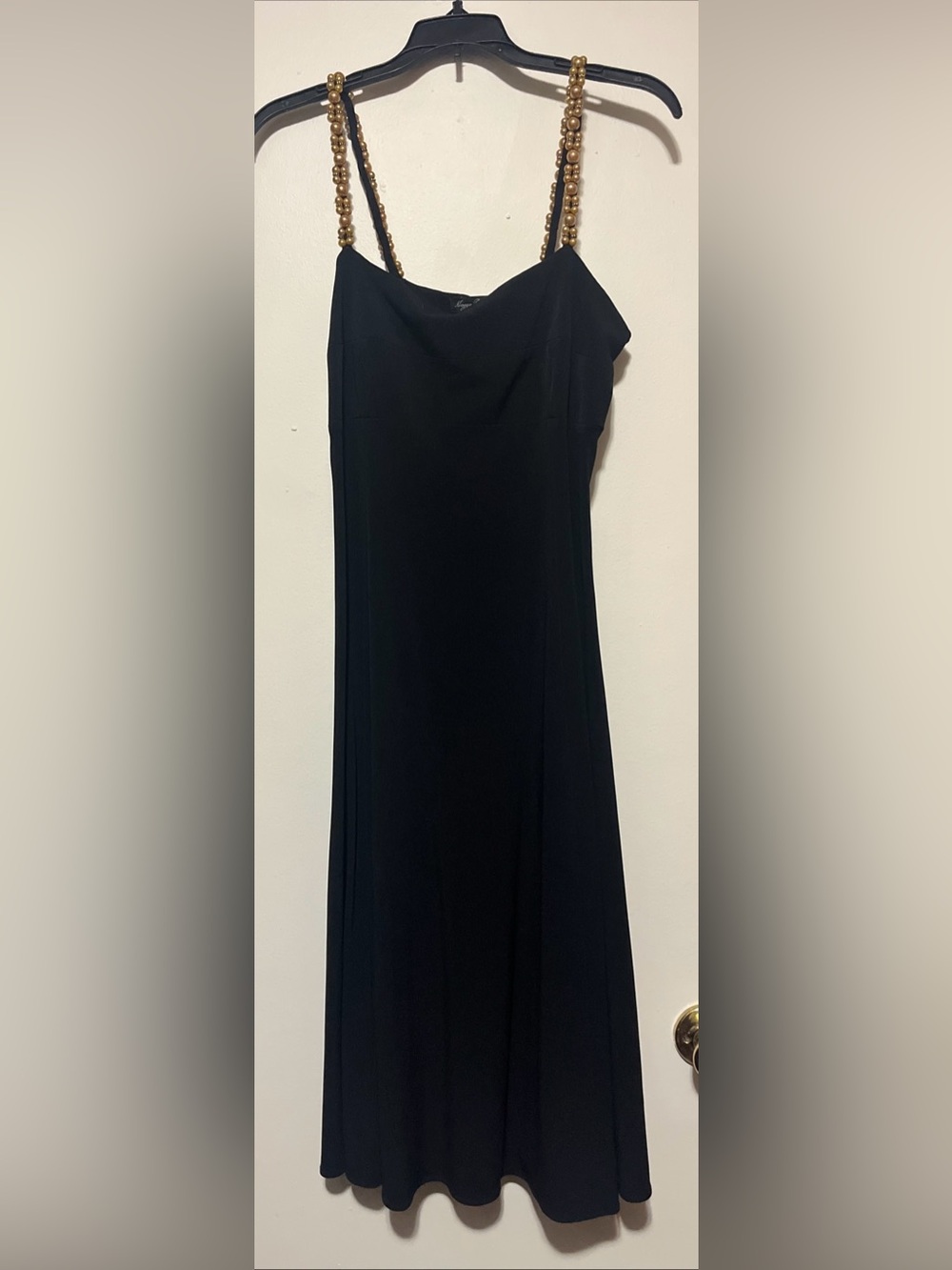 Maggy Boutique Black Evening Dress with Gold Beaded Straps and Open Back Detail